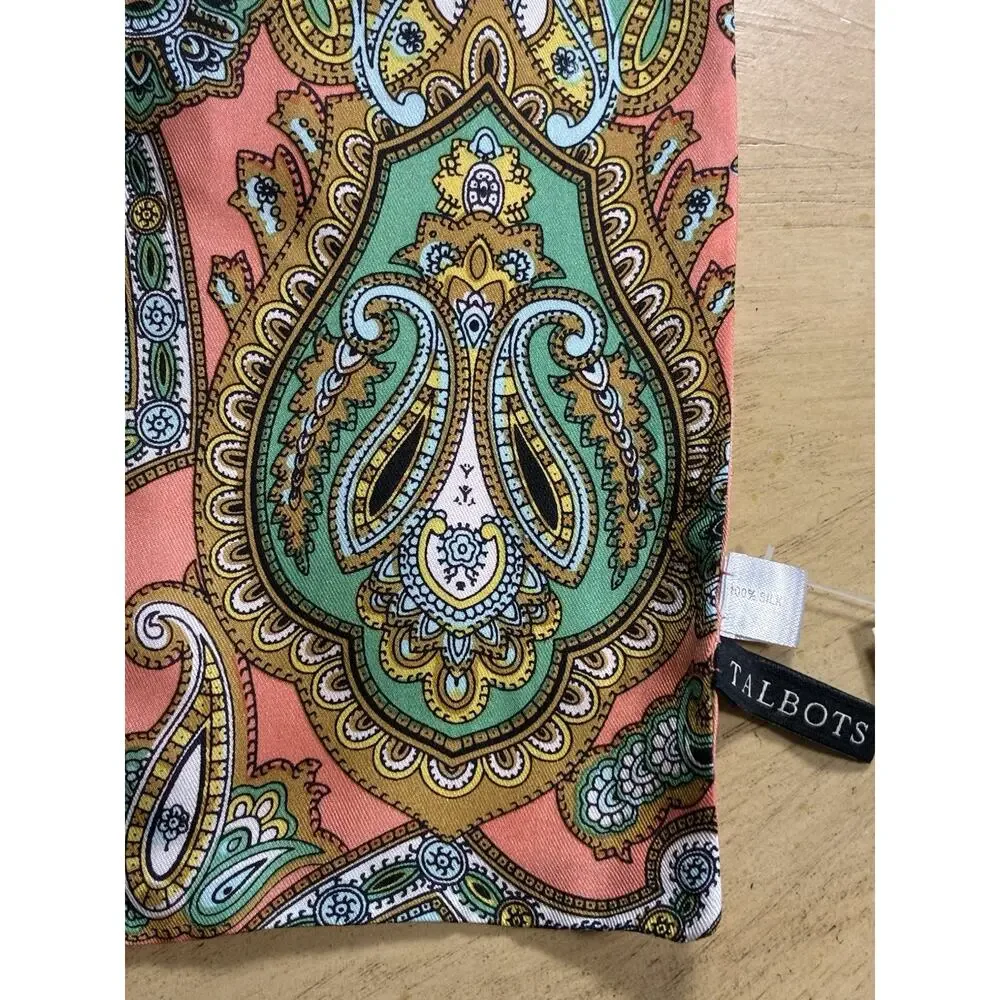 NWT Talbots 100% Silk Skinny Scarf Twilly Paisley Scarf Pink Teal Orange Boho